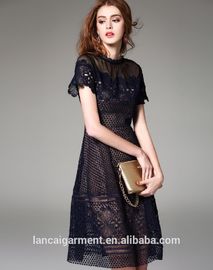 =Women Black Pierced Lace Sheer Midi Dress