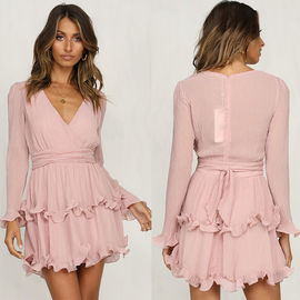 Fashion women Long Sleeve V neck Pink Vintage Dress